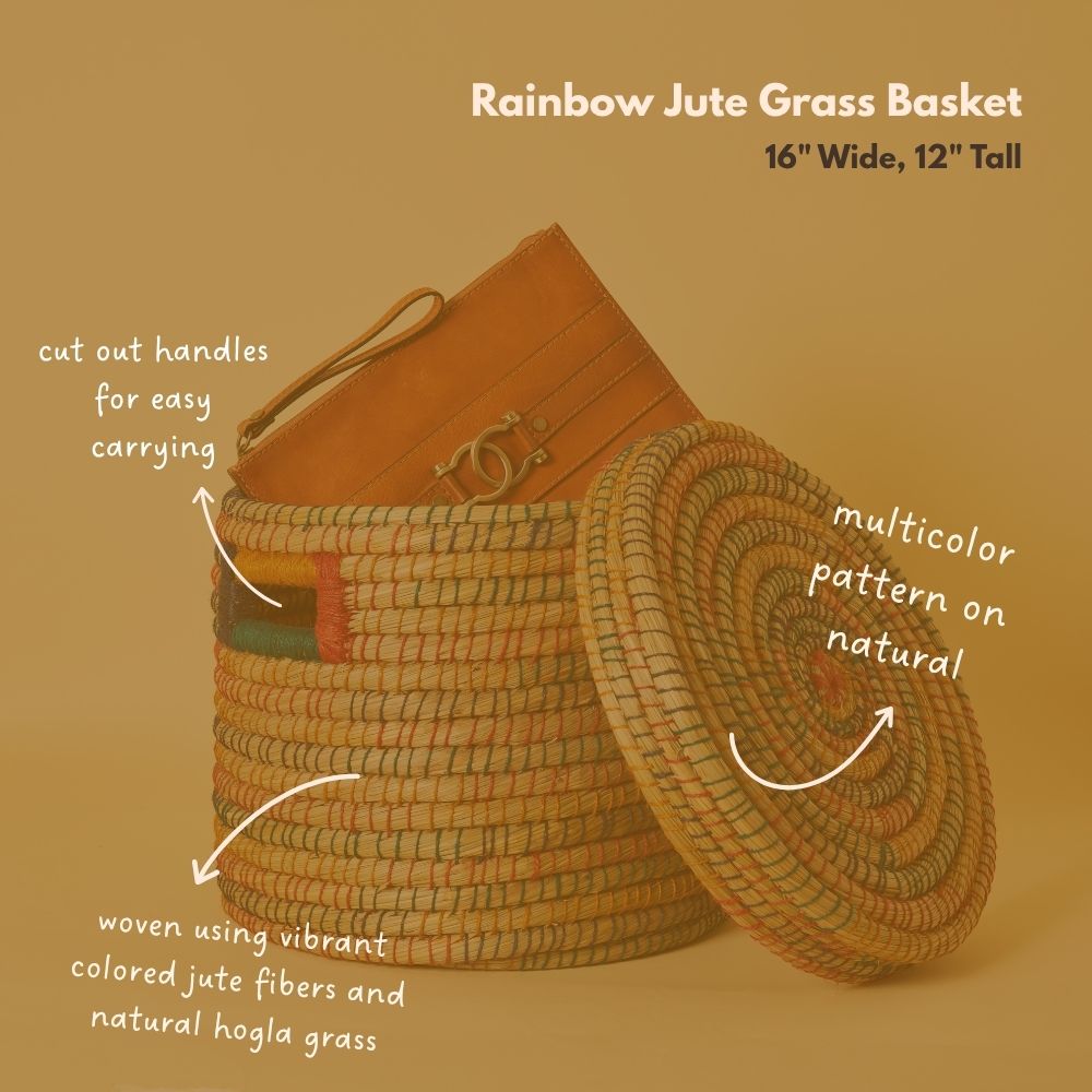 Large Colorful Storage Baskets with Lids, Rainbow Color Jute Wicker