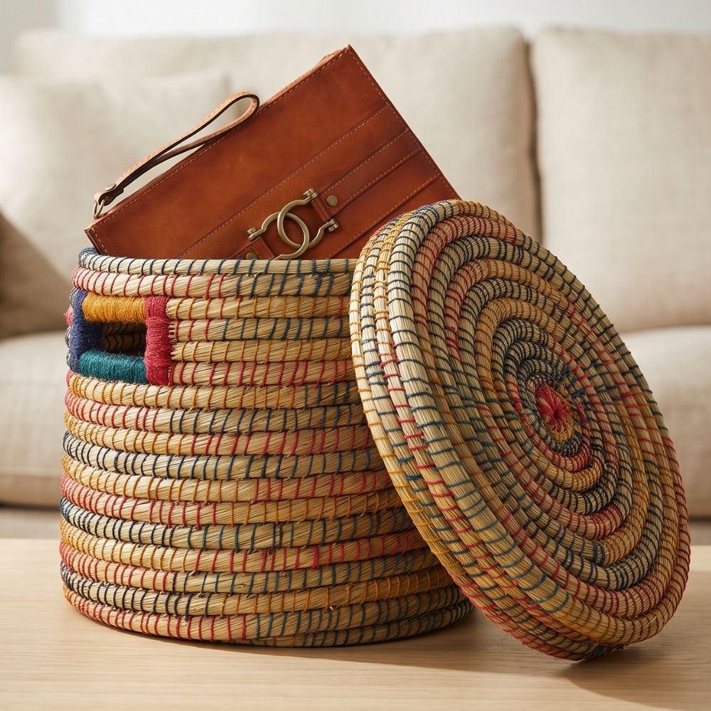 Large Colorful Storage Baskets with Lids, Rainbow Color Jute Wicker