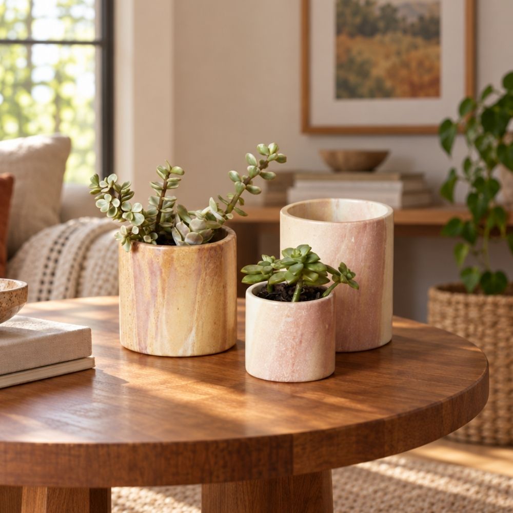 Kisii Stone Cylinder White Succulent Pot Set