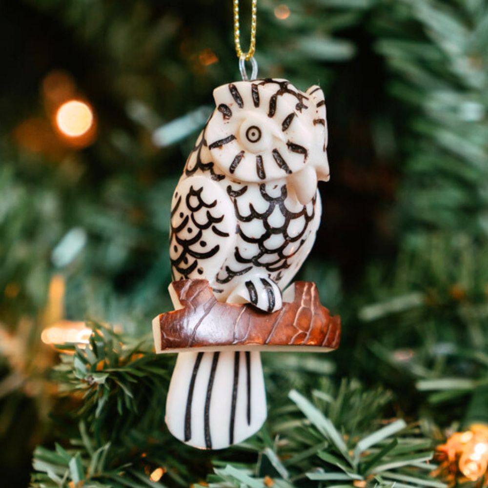 Mini Tagua Ivory Owl Branch Ornament
