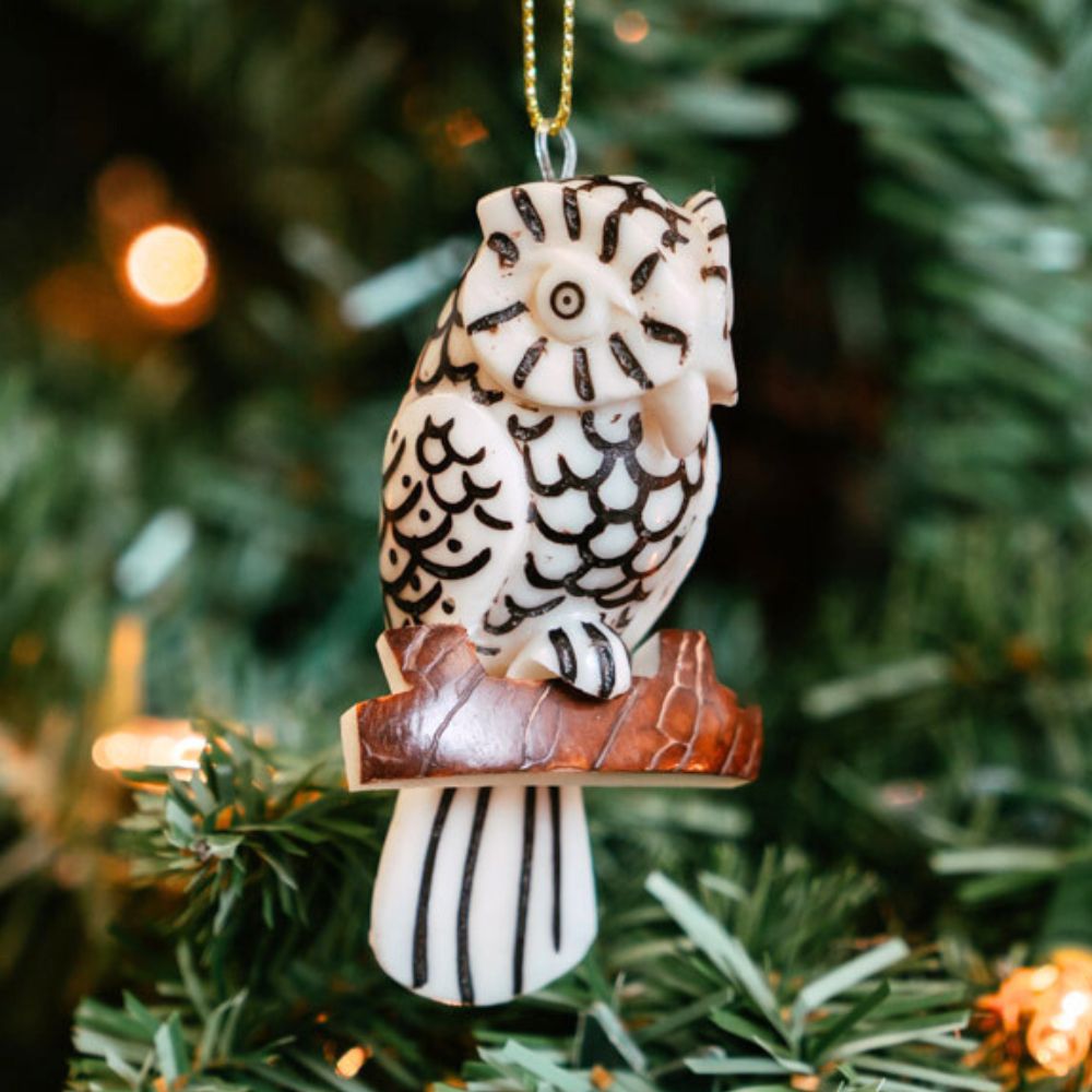 Tagua Ivory Owl Branch Ornament