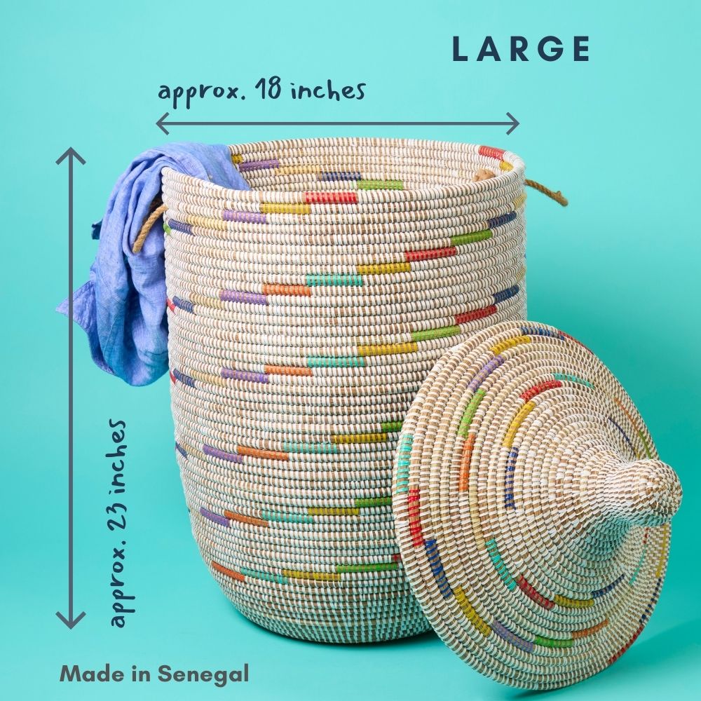 Storage Basket with Hooded Lid, Colorful Pattern on White