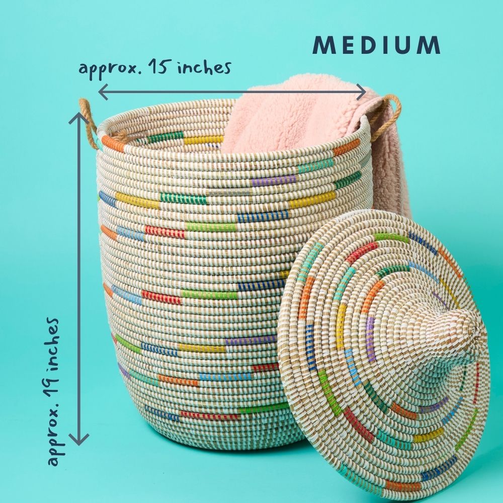 Storage Basket with Hooded Lid, Colorful Pattern on White