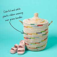 Storage Basket with Hooded Lid, Colorful Pattern on White