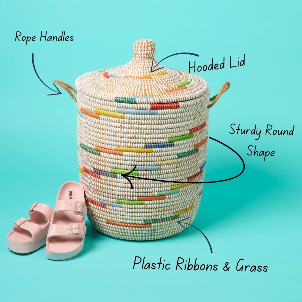 Storage Basket with Hooded Lid, Colorful Pattern on White