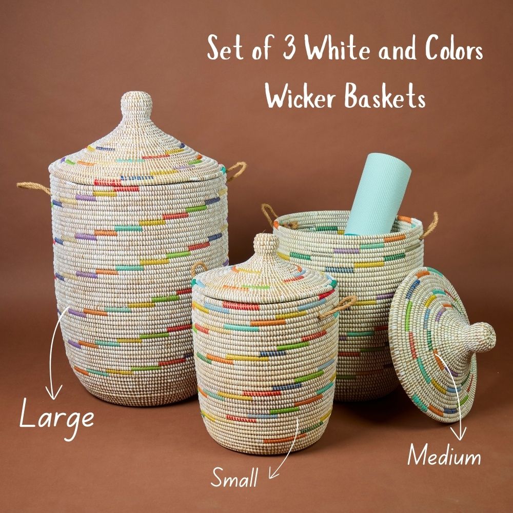 Storage Basket with Hooded Lid, Colorful Pattern on White