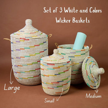Basket for Decor, Organizing, Storage - Living Room Blankets, Nursery Toys, Laundry, Towels, Pillows, Comforter, Cushion - Wicker, Woven, Round, Lid and Handles, Colors on White