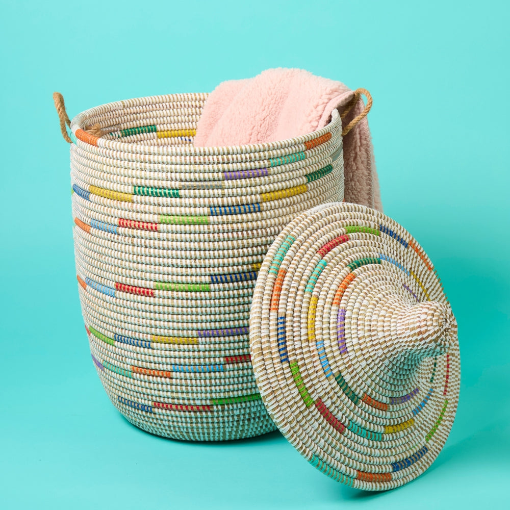 Storage Basket with Hooded Lid, Colorful Pattern on White