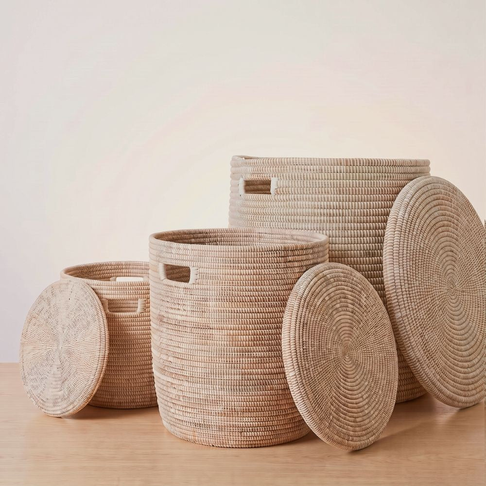 White Wicker Baskets with Flat Lids