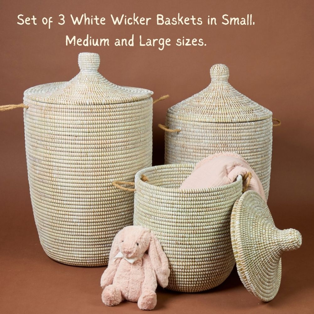 White Handwoven Wicker Baskets with Hooded Lids