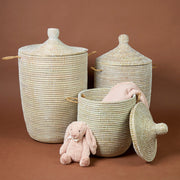 White Handwoven Wicker Baskets with Hooded Lids