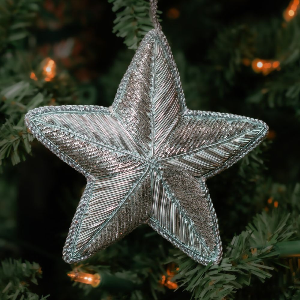 Silver Sparkling Embroidery Star Ornament Set of 3