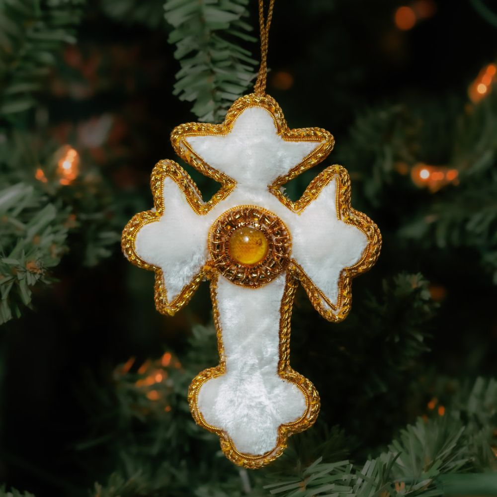 Gold Cream Velvet Cross Zardozi Embroidery Ornament