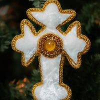 Gold Cream Velvet Cross Zardozi Embroidery Ornament