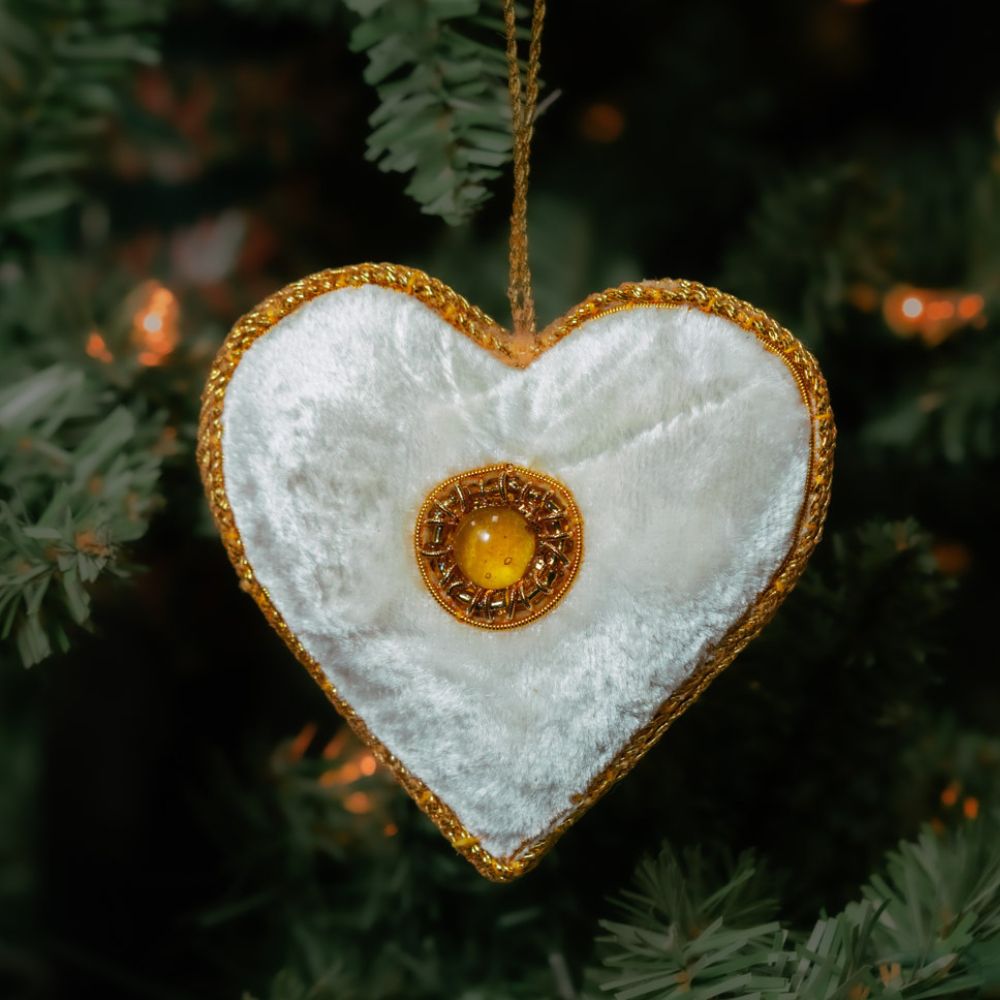 Gold Cream Velvet Heart Zardozi Embroidery Ornament