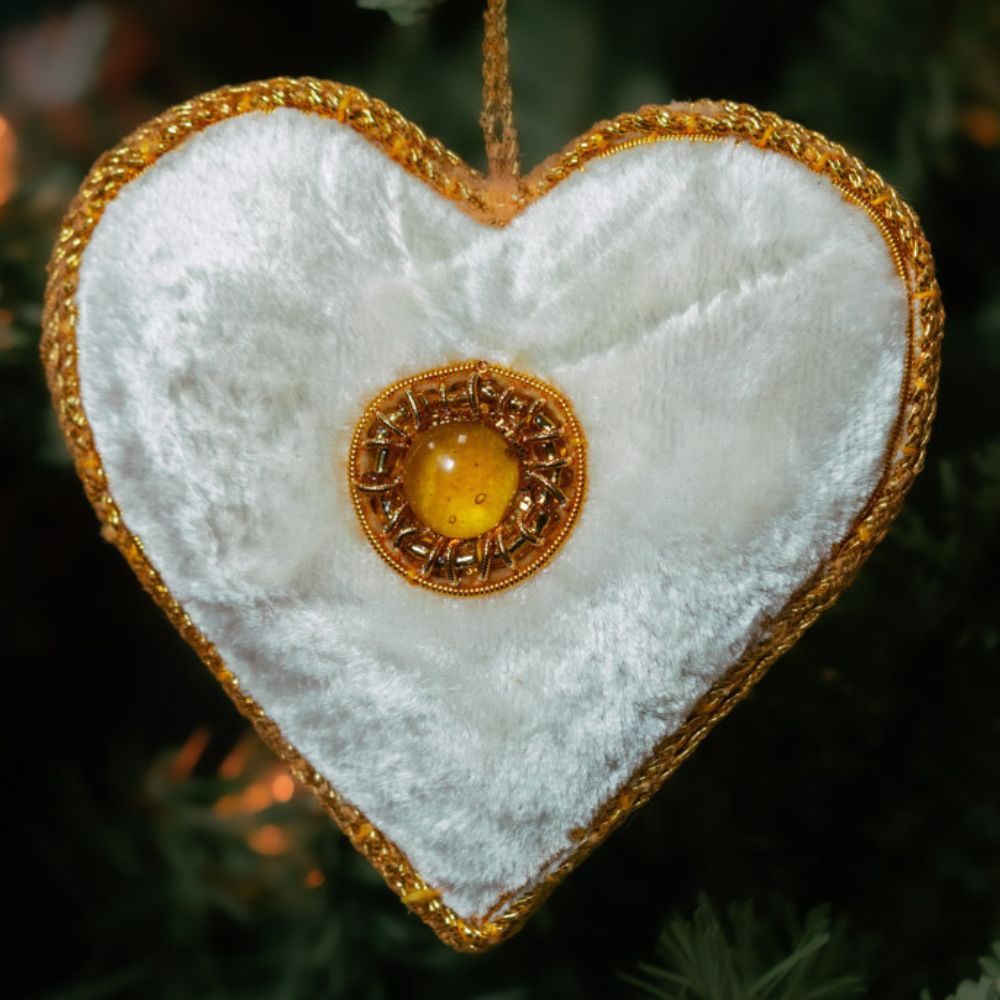 Gold Cream Velvet Heart Zardozi Embroidery Ornament