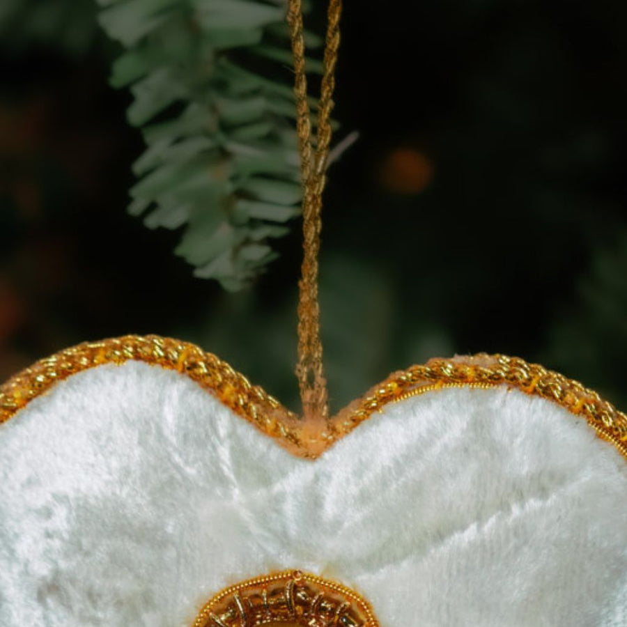 Gold Cream Velvet Heart Zardozi Embroidery Ornament