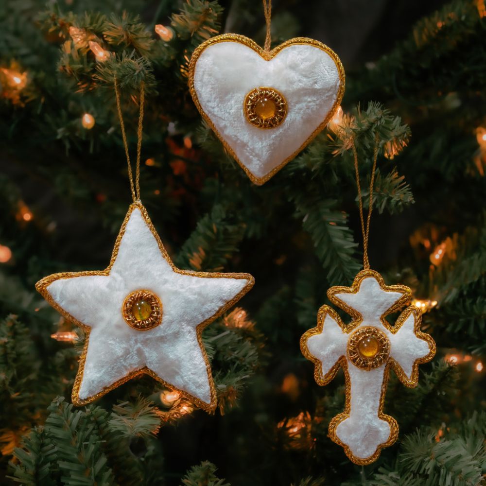 White Zardozi Ornament Set of 3