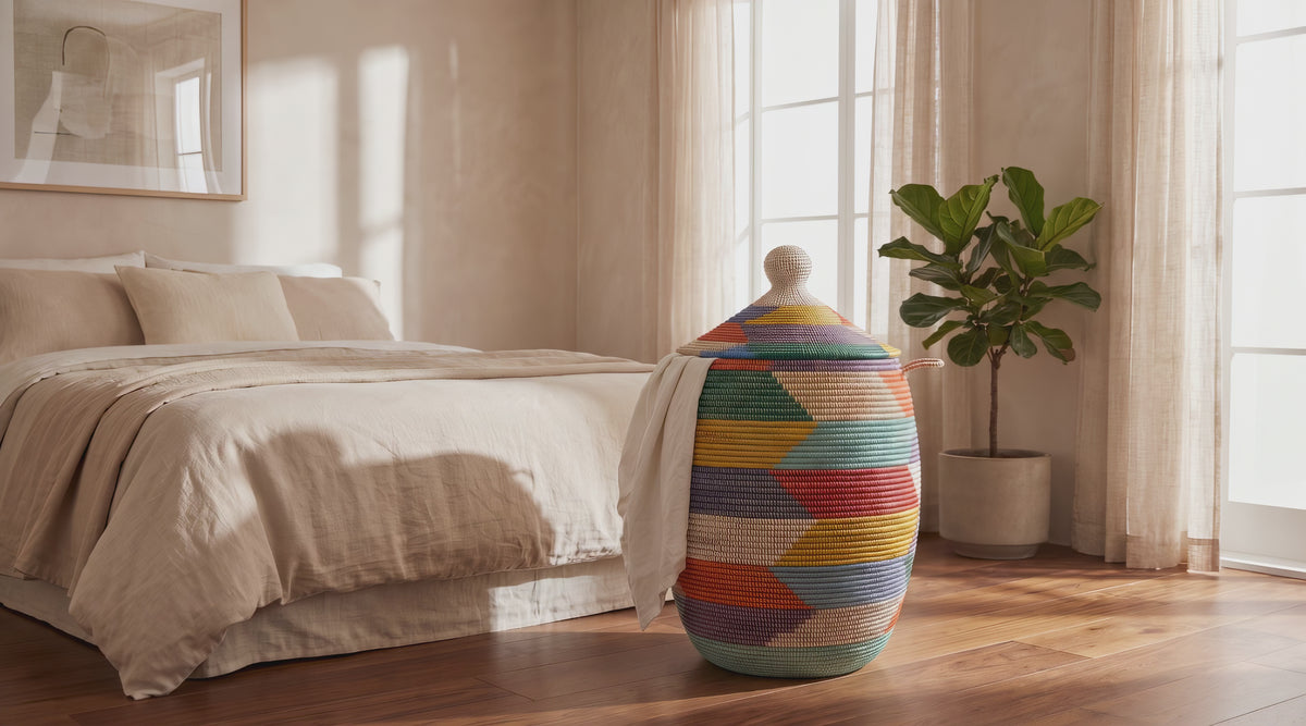 Load video: Large Decorative Wicker Storage Basket, 18" Wide, 23" Tall