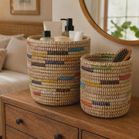 Small Decorative Woven Bins, Beige Colorful, Set of 2