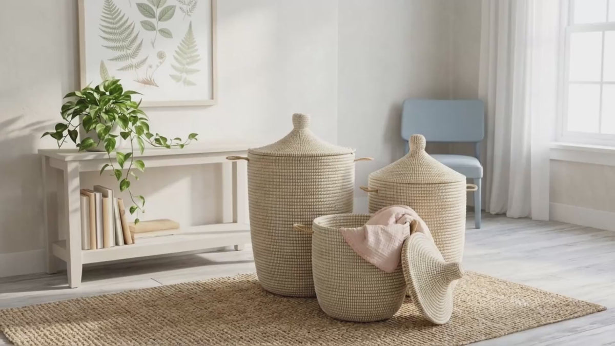 Load video: White Handwoven Wicker Baskets with Hooded Lids