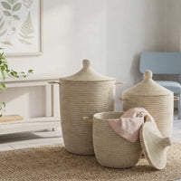 White Handwoven Wicker Baskets with Hooded Lids