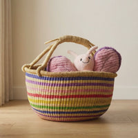 Round Bolga Basket with Handles, Stripes, 16 Inch Wide