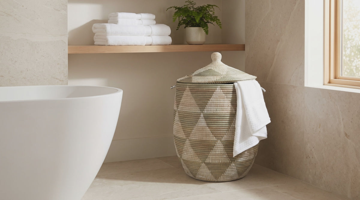 Load video: Large Decorative Wicker Storage Basket, 18" Wide, 23" Tall