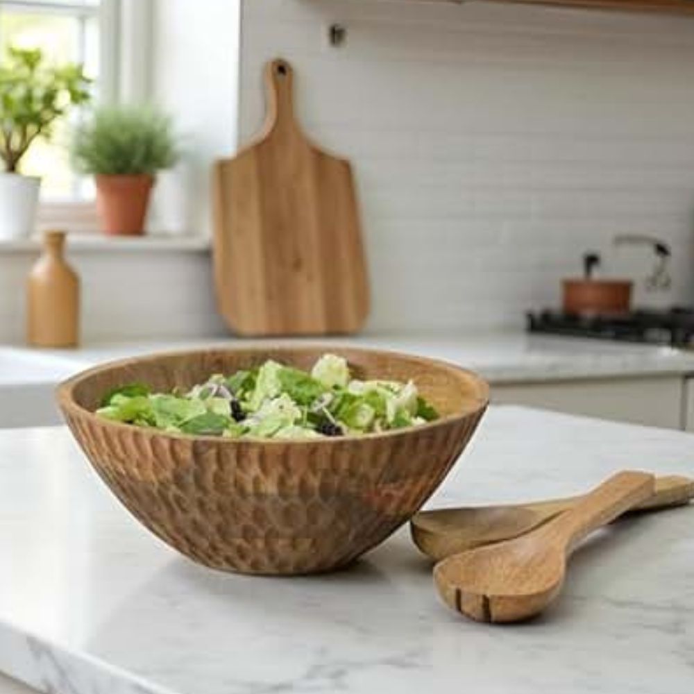 Wooden Salad Bowl with Honeycomb Texture Pattern