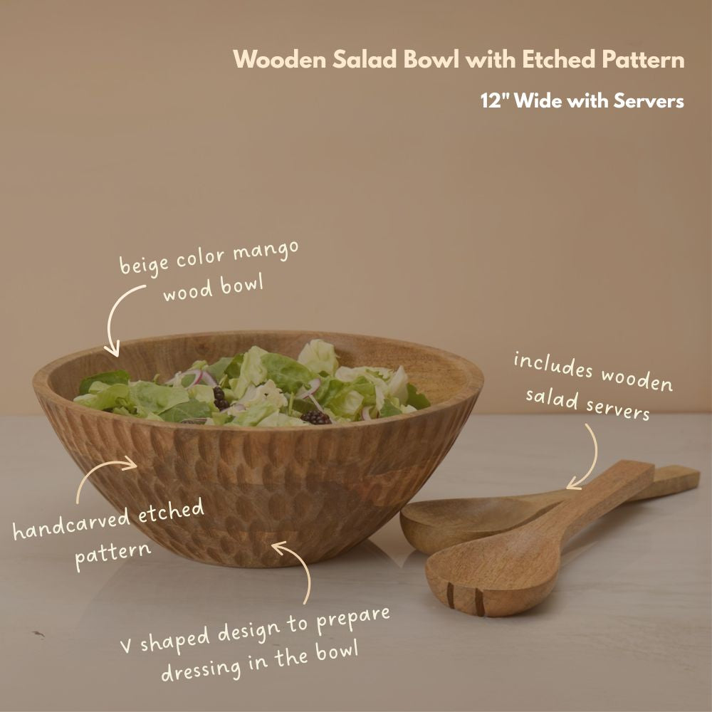 Wooden Salad Bowl with Honeycomb Texture Pattern