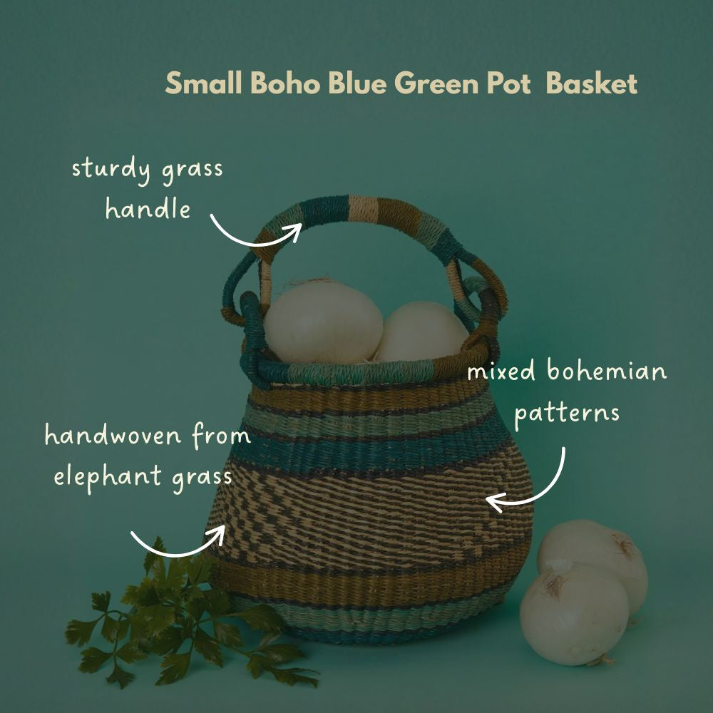 Small Boho Bolga Pot Basket, 9" W, Decorative Bowls, Storage, Harvesting, Gardening, Foraging, Fruit Picking, Hand Woven, Boho Patterns, African, Made in Ghana