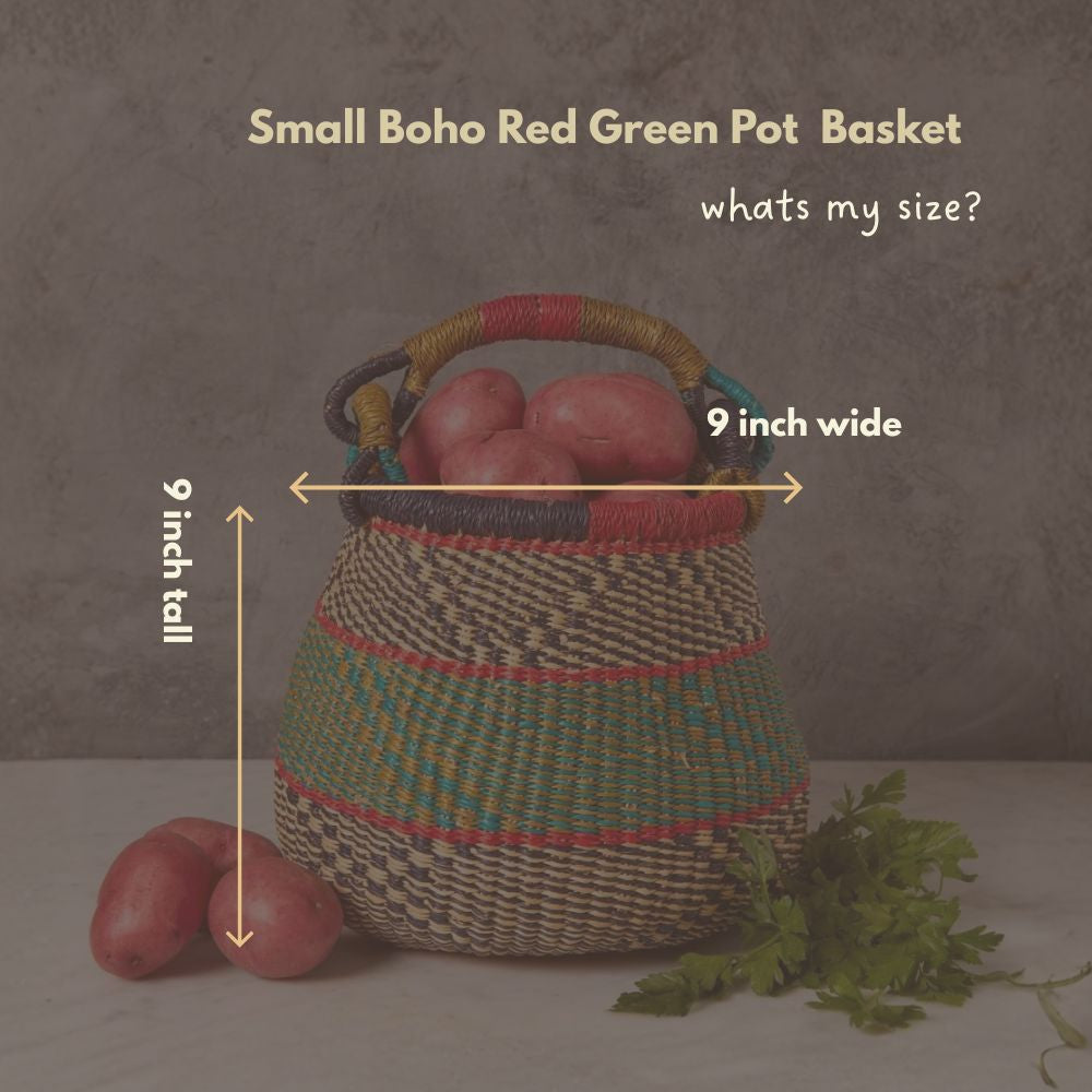 Small Boho Bolga Pot Basket, 9" W, Decorative Bowls, Storage, Harvesting, Gardening, Foraging, Fruit Picking, Hand Woven, Boho Patterns, African, Made in Ghana