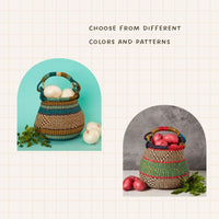 Small Boho Bolga Pot Basket, 9" W, Decorative Bowls, Storage, Harvesting, Gardening, Foraging, Fruit Picking, Hand Woven, Boho Patterns, African, Made in Ghana