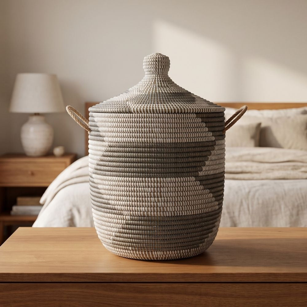 Small Decorative Wicker Basket with Hood Lid, 12" Wide, 14" Tall