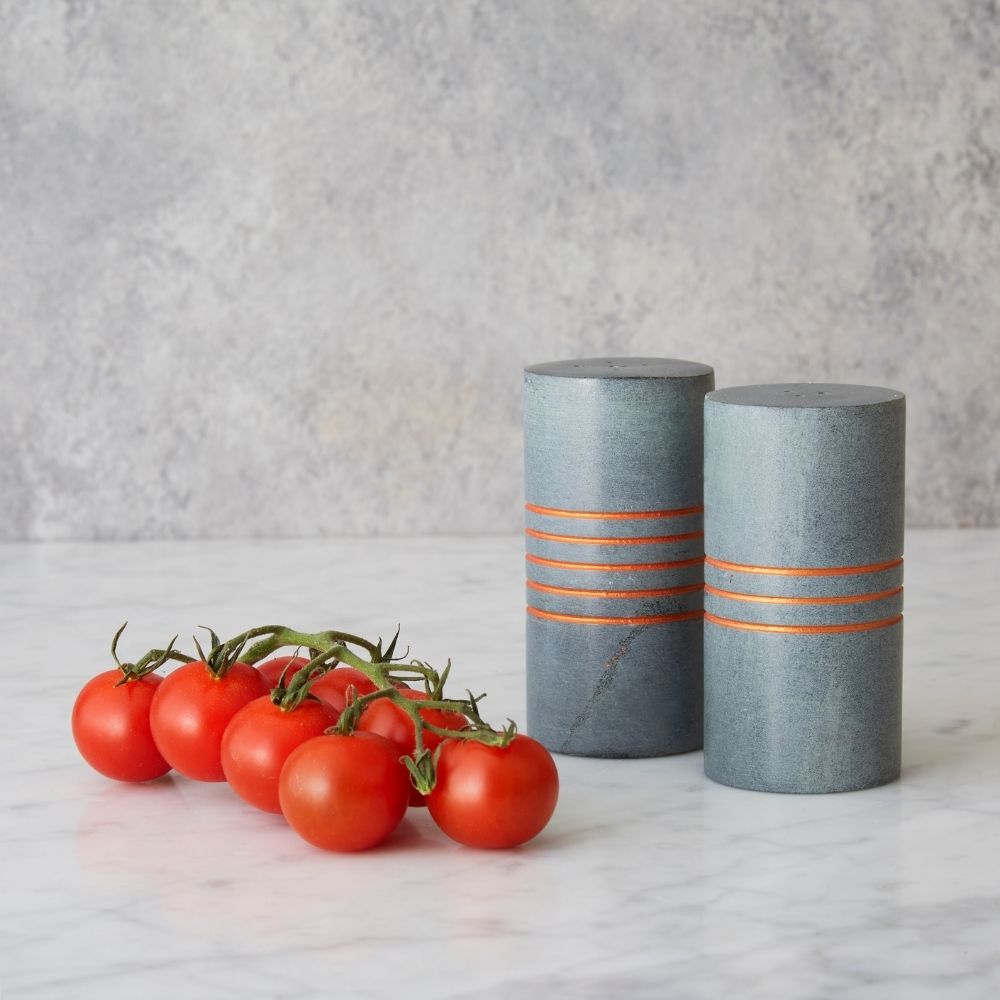 Copper Stripes Gray Stone Salt Pepper Shakers