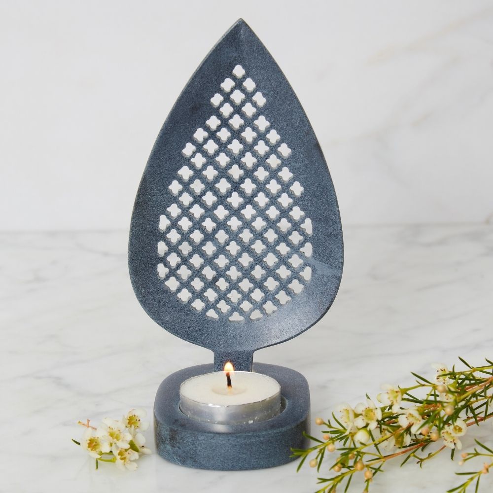 Lattice Gray Stone Leaf Tealight Holder