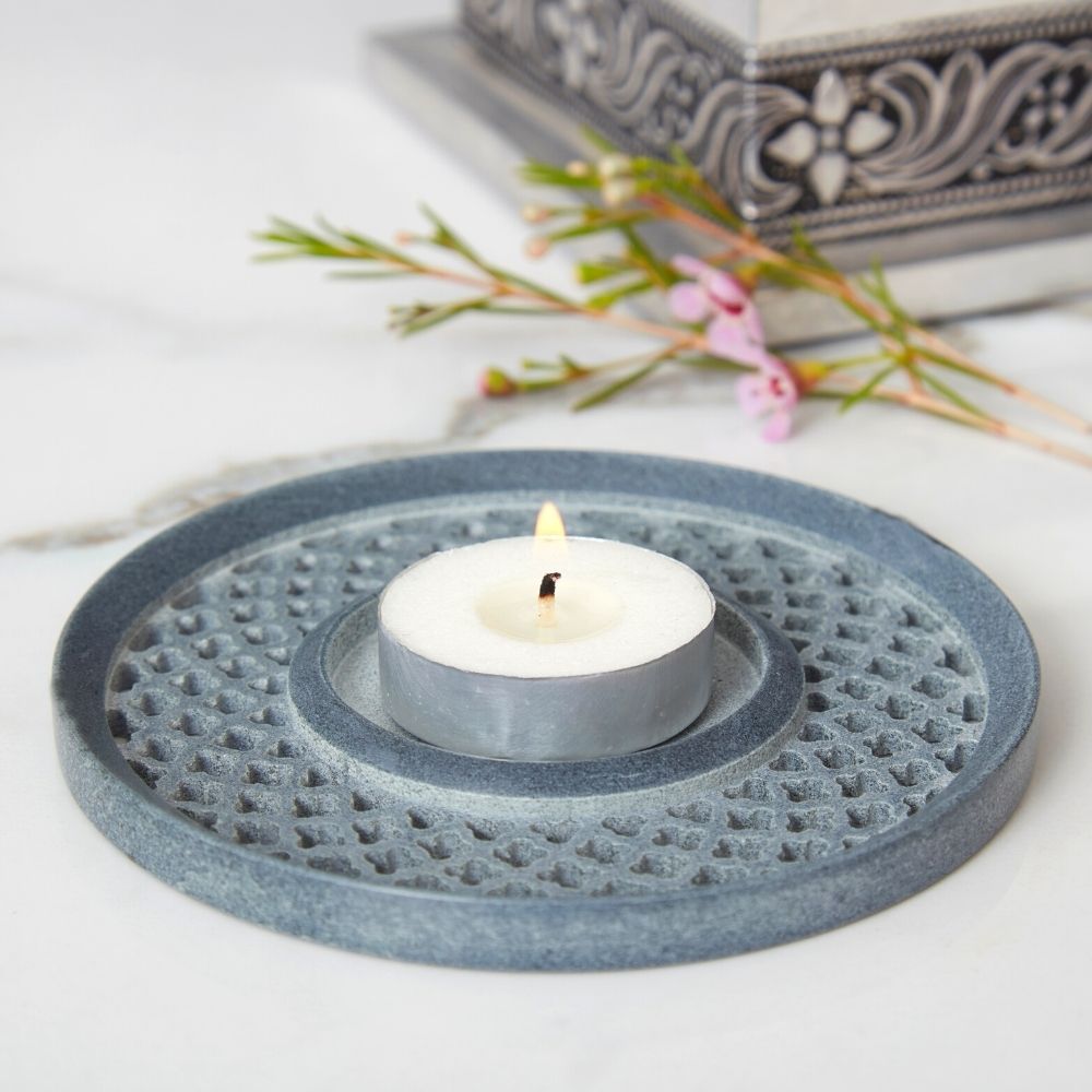 Lattice Gray Stone Circle Plate Tealight Holder