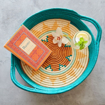 Extra Large Turquoise Raffia Woven Fruit Bread Tray