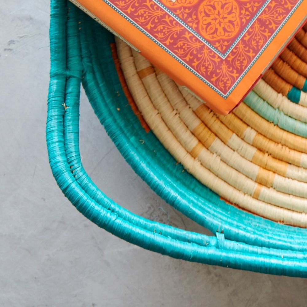 Extra Large Turquoise Raffia Woven Fruit Bread Tray