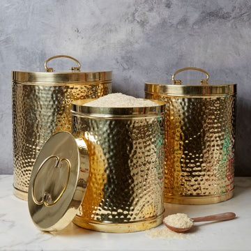 Pure Brass Hand Hammered Jumbo Rice Flour Canister Set of 3