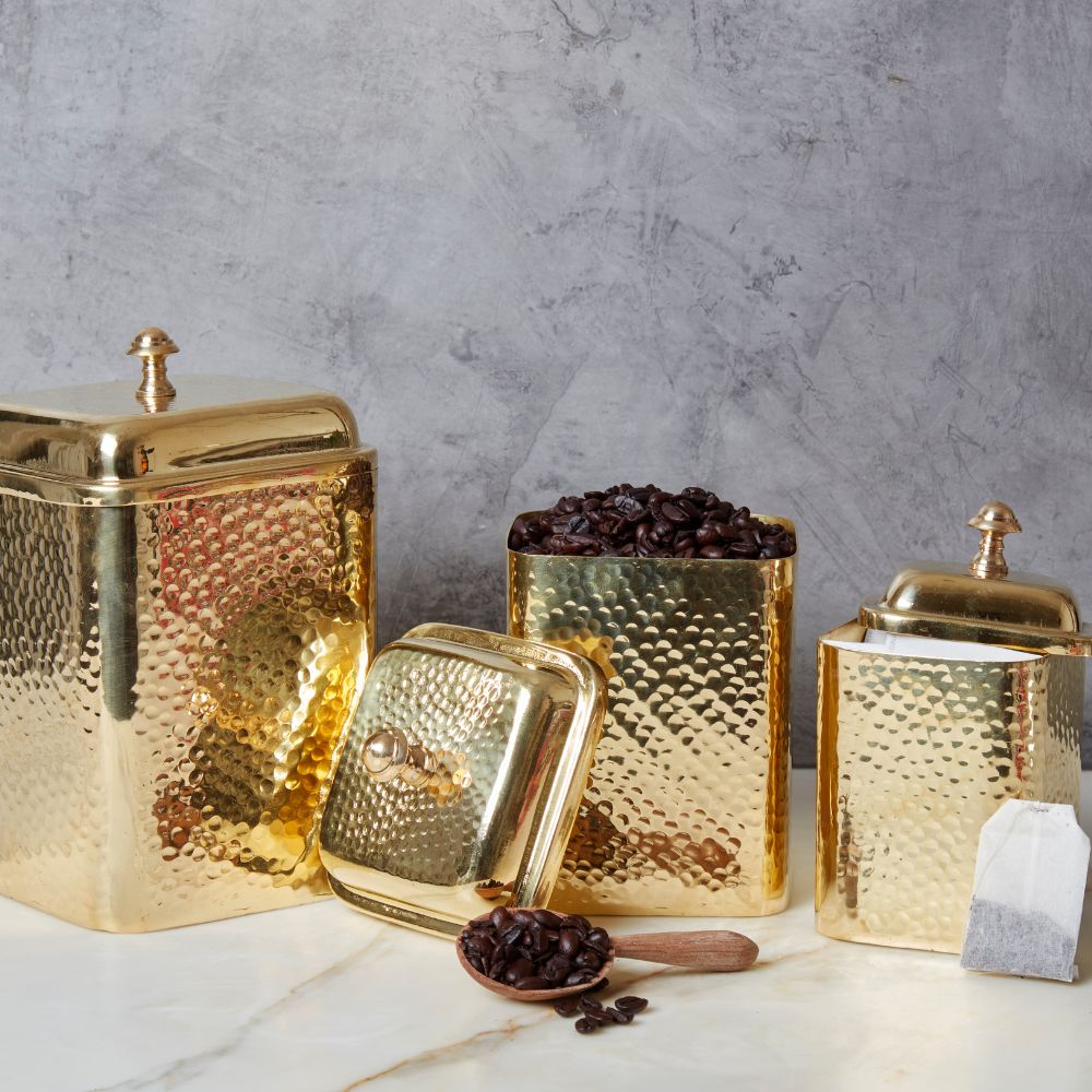 Pure Brass Hand Hammered Coffee Tea Square Canister Set of 3