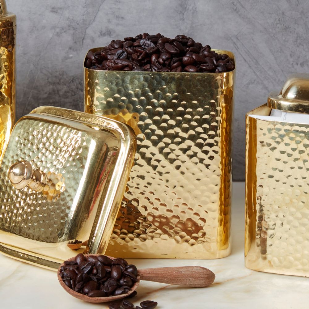 Pure Brass Hand Hammered Coffee Tea Square Canister Set of 3