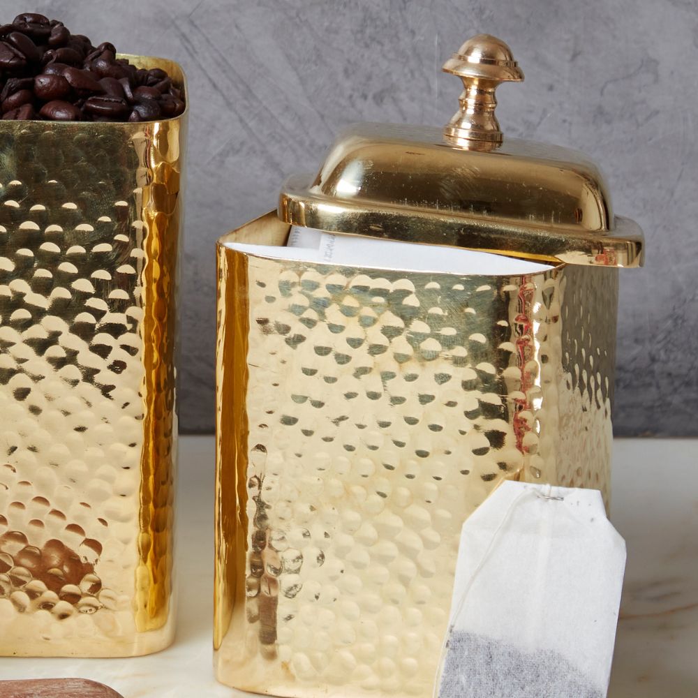 Pure Brass Hand Hammered Coffee Tea Square Canister Set