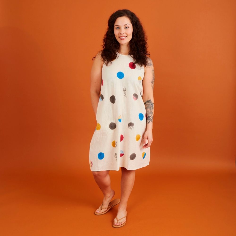 India Beige Fish & Dot Print Cotton Khadi Dress
