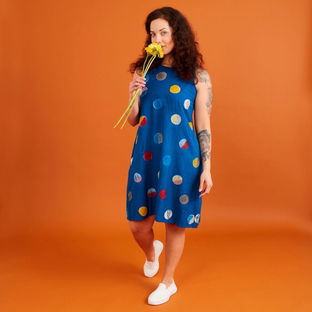 India Blue Fish & Dot Print Cotton Khadi Dress
