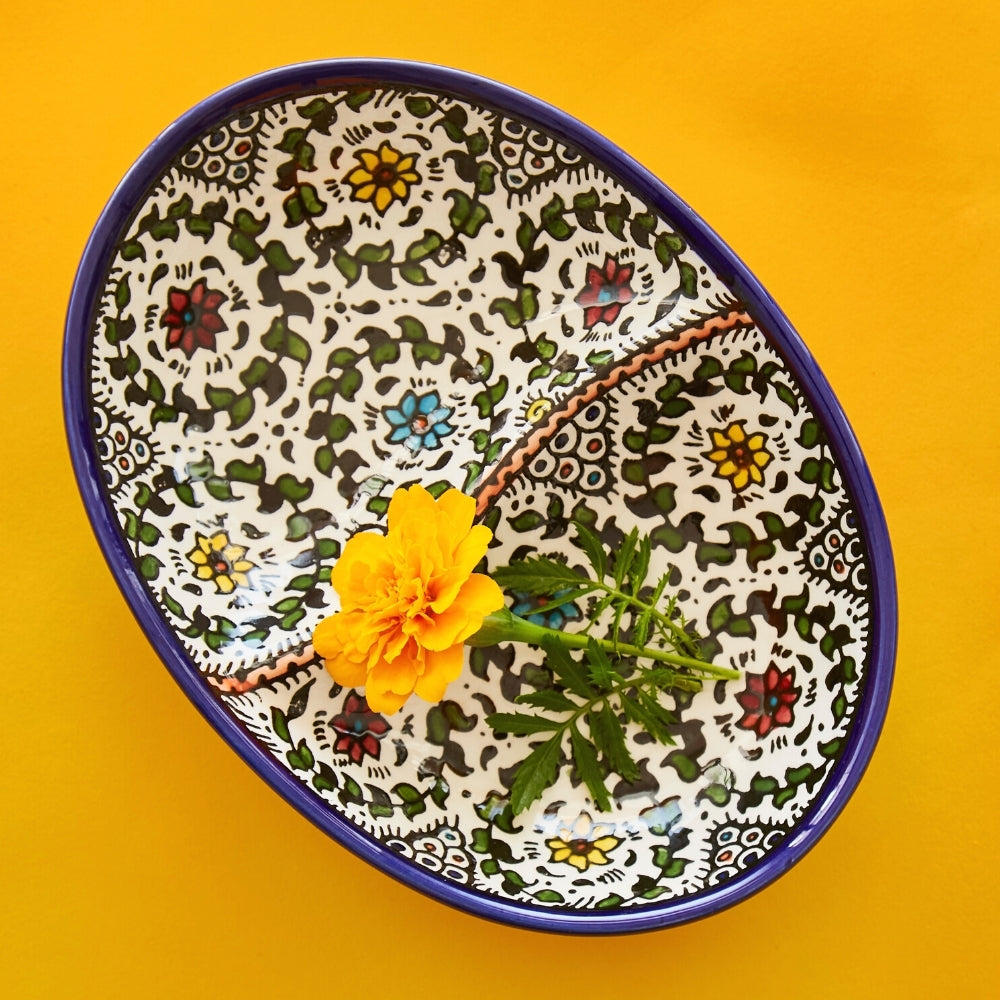 Ceramic Palestine Blue Floral Oval Divided Dish