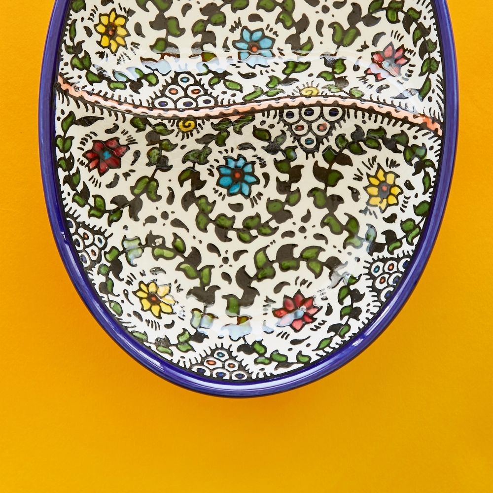 Ceramic Palestine Blue Floral Oval Divided Dish