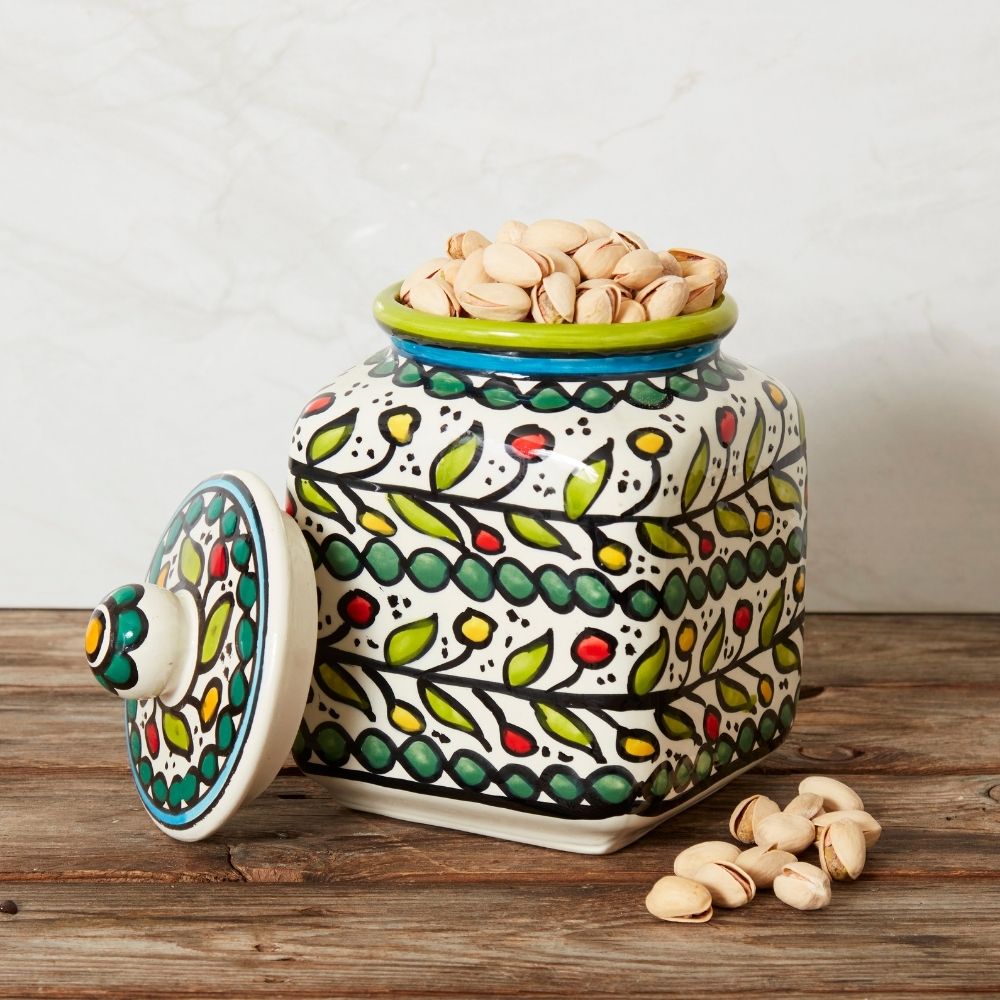Ceramic Large Palestine Green Colorful Vine Canister