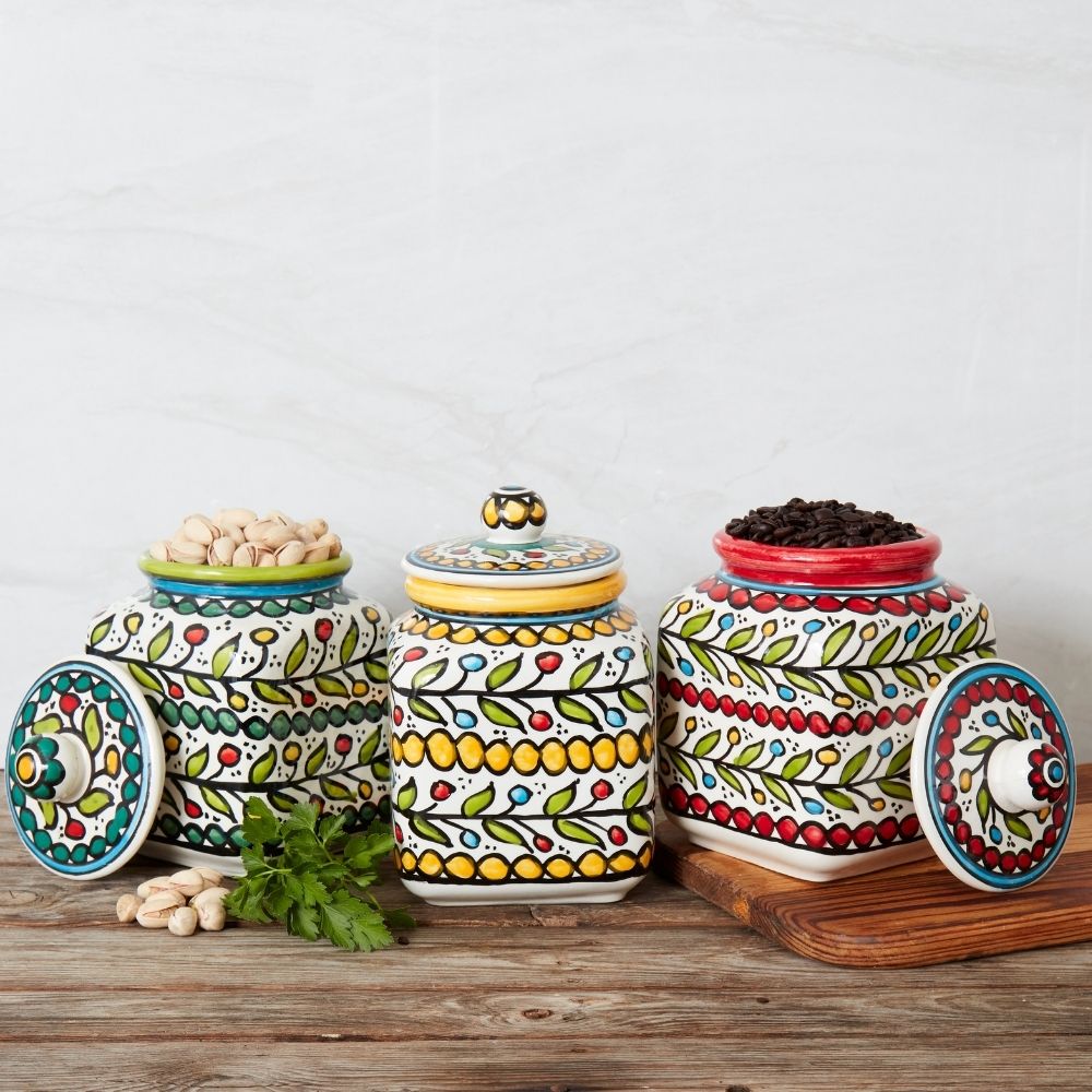 Ceramic Large Palestine Green Colorful Vine Canister