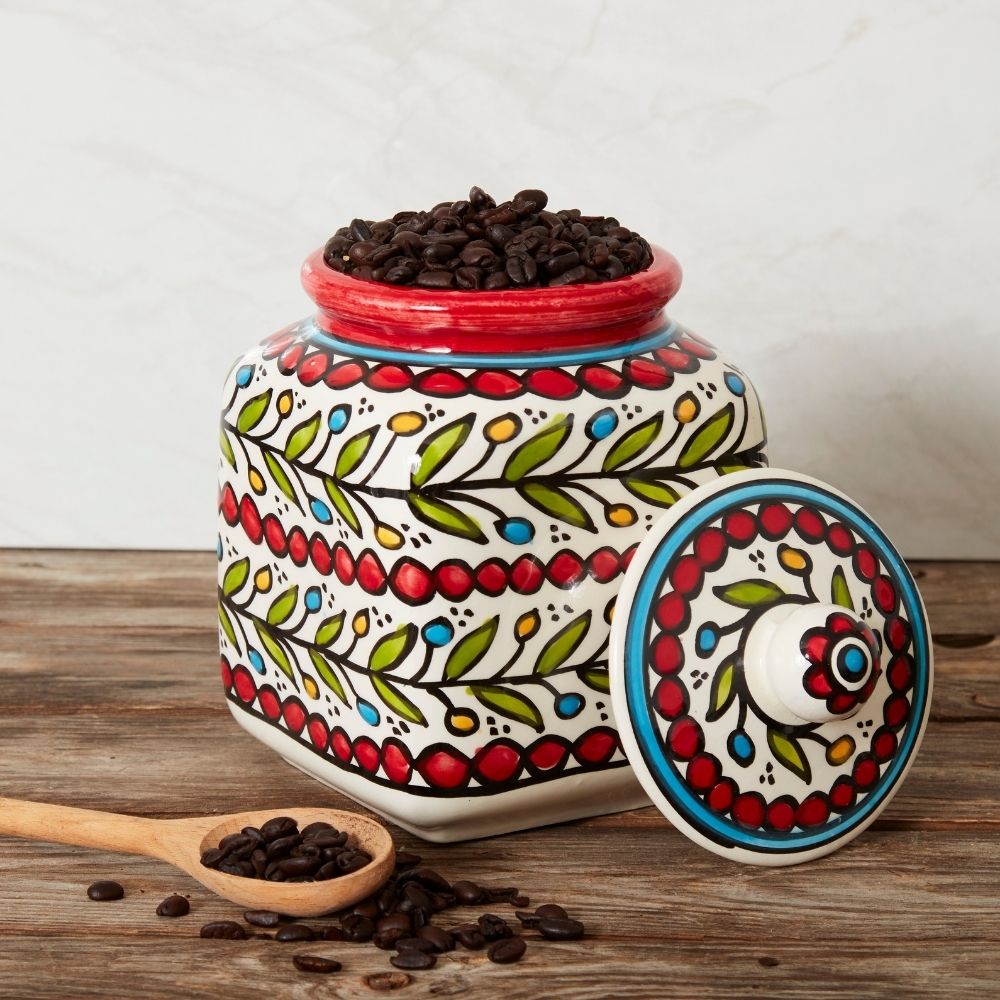 Ceramic Large Palestine Red Colorful Vine Canister